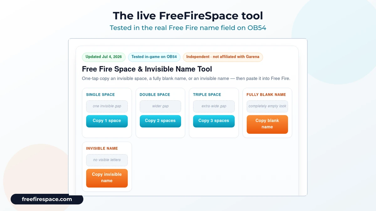 FreeFireSpace free fire space tool screenshot, tested in-game on OB54