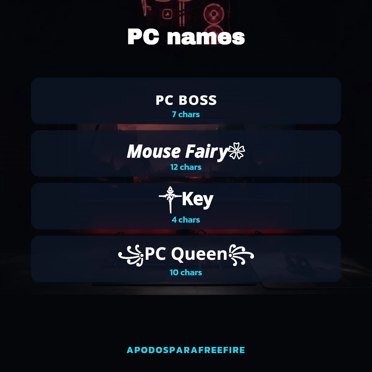 Free Fire PC player names with character counts