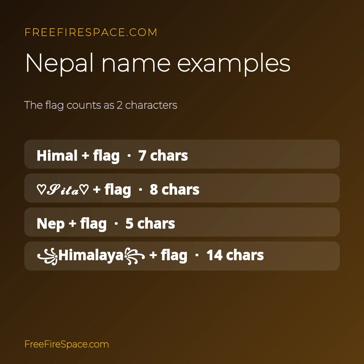 Examples of Nepal flag Free Fire names with character counts
